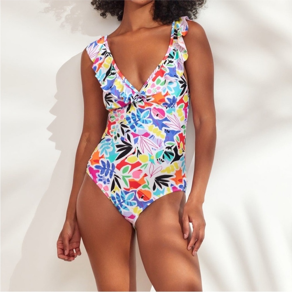 Caribbean Joe Blue and Pink One Piece Swimsuit with Plunging V-neckline